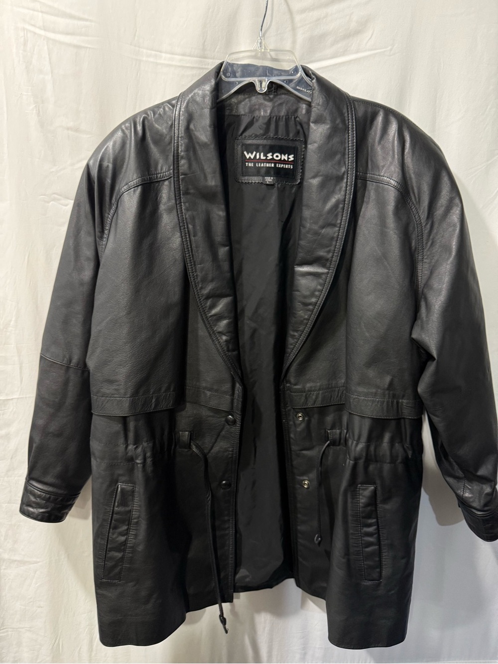 Wilson Black Leather Trench Coat with Lapel